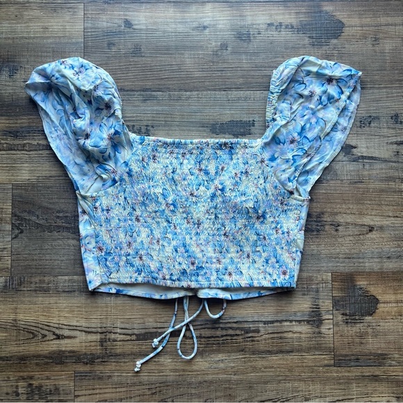 American Eagle Flutter-Sleeve Corset Blouse Floral Print Size Small Cropped - Picture 7 of 7